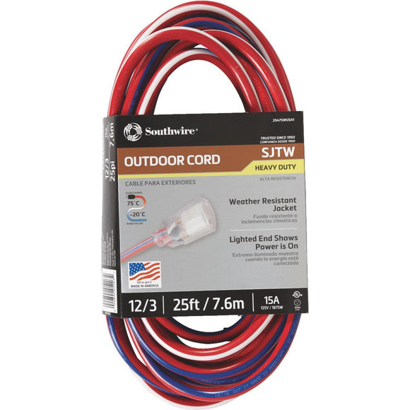 Southwire 25 Ft. 12/3 Indoor/Outdoor Red, White, & Blue Striped Patriotic Extension Cord