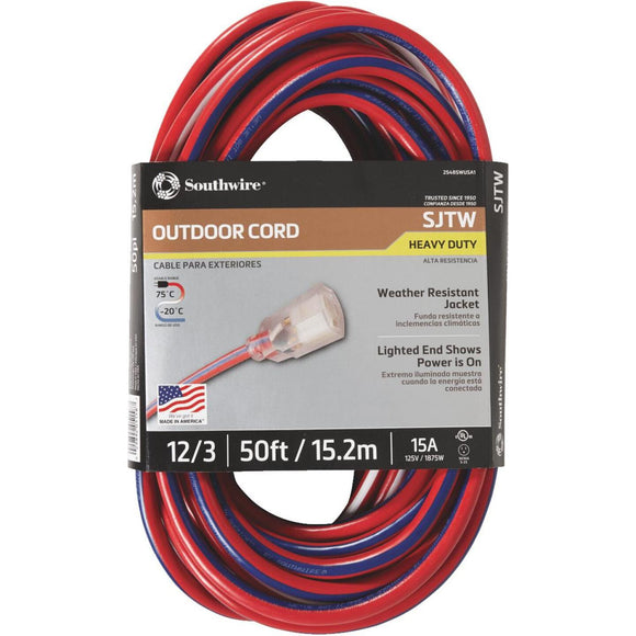 Southwire 50 Ft. 12/3 Indoor/Outdoor Red, White, & Blue Striped Patriotic Extension Cord