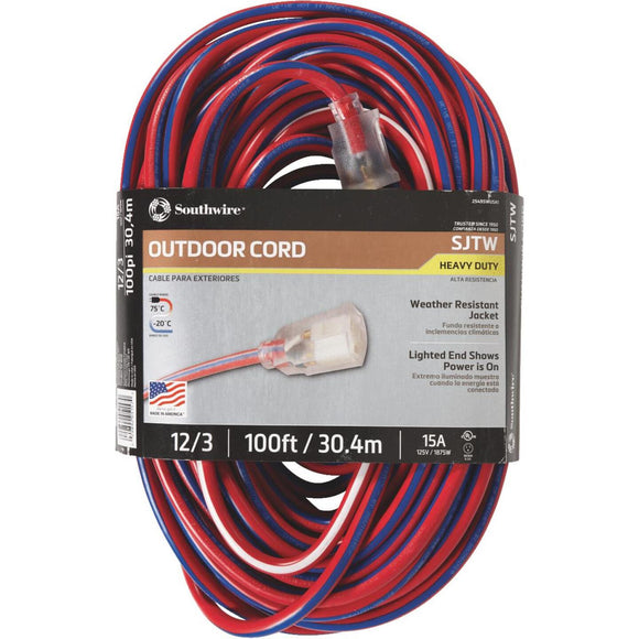 Southwire 100 Ft. 12/3 Indoor/Outdoor Red, White, & Blue Striped Patriotic Extension Cord